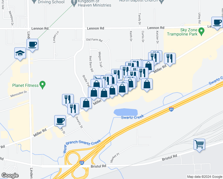 map of restaurants, bars, coffee shops, grocery stores, and more near 4230 Miller Road in Flint