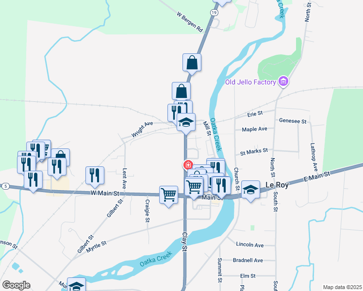map of restaurants, bars, coffee shops, grocery stores, and more near 47 Lake Street in Le Roy