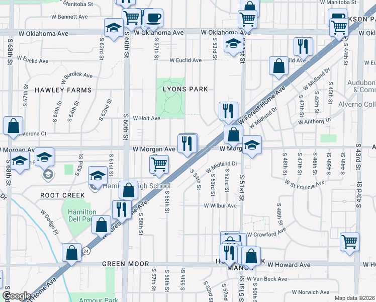 map of restaurants, bars, coffee shops, grocery stores, and more near 5433 West Morgan Avenue in Greenfield