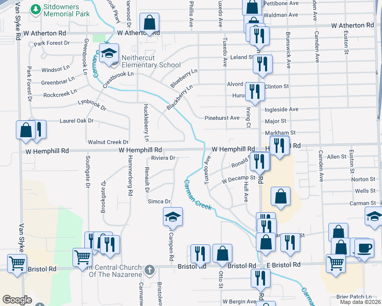map of restaurants, bars, coffee shops, grocery stores, and more near 1162 Riviera Drive in Flint