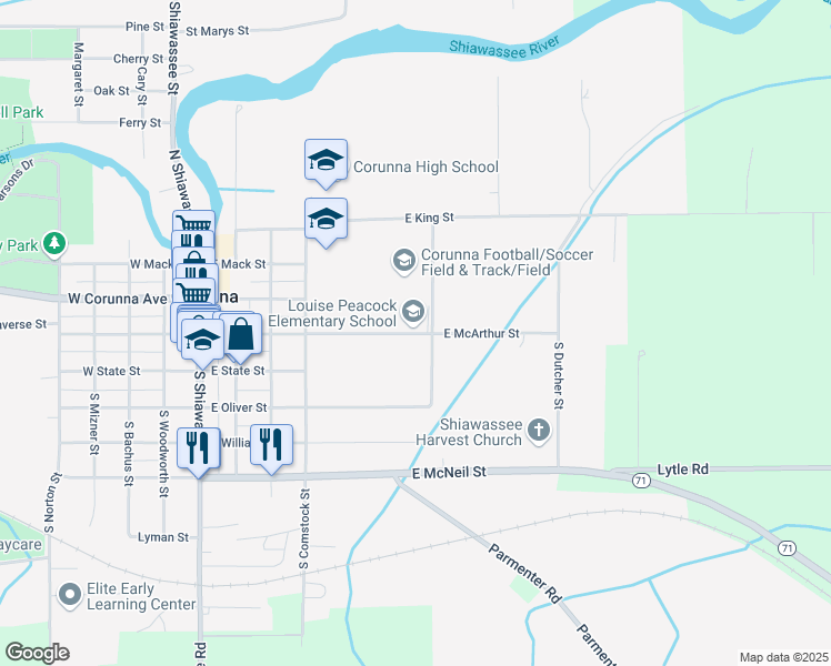 map of restaurants, bars, coffee shops, grocery stores, and more near 485 East McArthur Street in Corunna