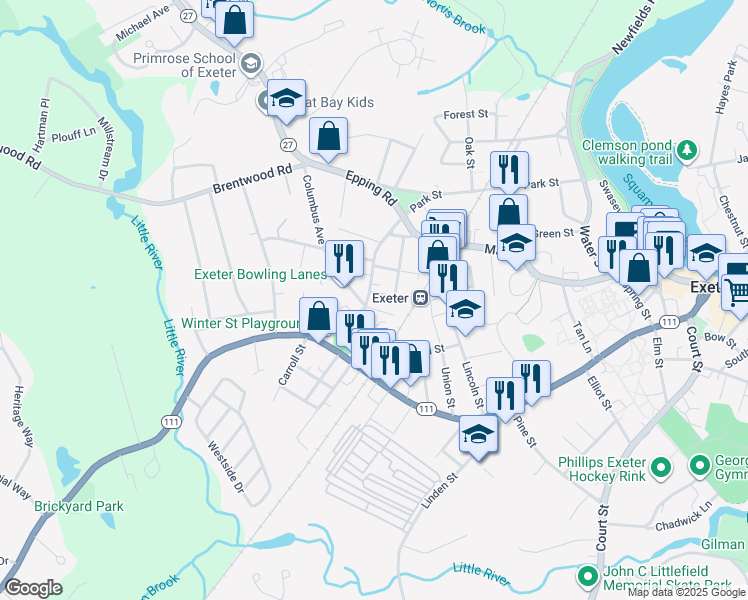 map of restaurants, bars, coffee shops, grocery stores, and more near 58 Winter Street in Exeter