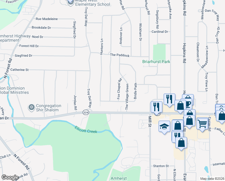 map of restaurants, bars, coffee shops, grocery stores, and more near 31 Surrey Run in Buffalo