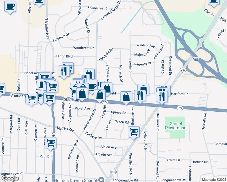 map of restaurants, bars, coffee shops, grocery stores, and more near 66 Hartford Road in Buffalo