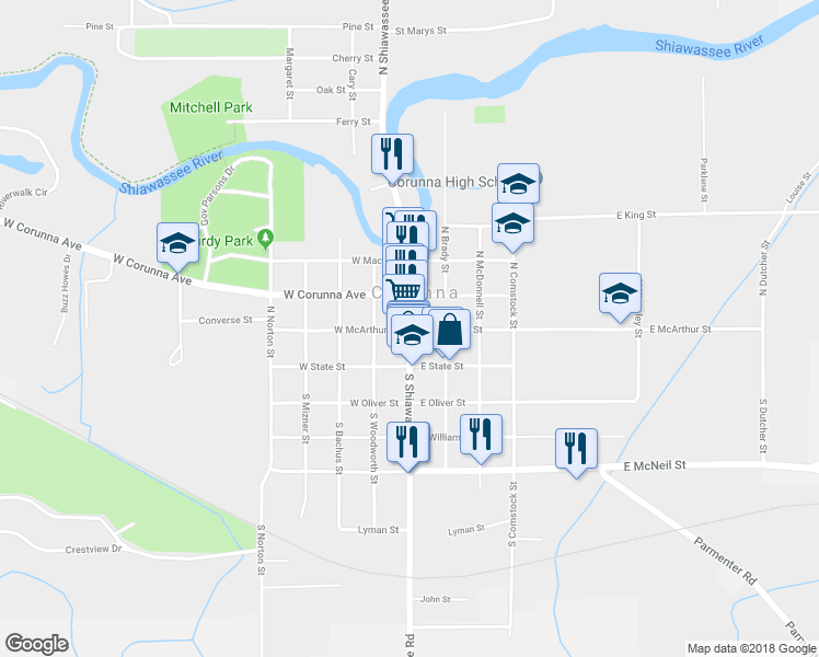 map of restaurants, bars, coffee shops, grocery stores, and more near 201 North Shiawassee Street in Corunna