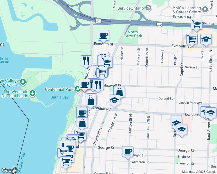 map of restaurants, bars, coffee shops, grocery stores, and more near 205 Maxwell Street in Sarnia