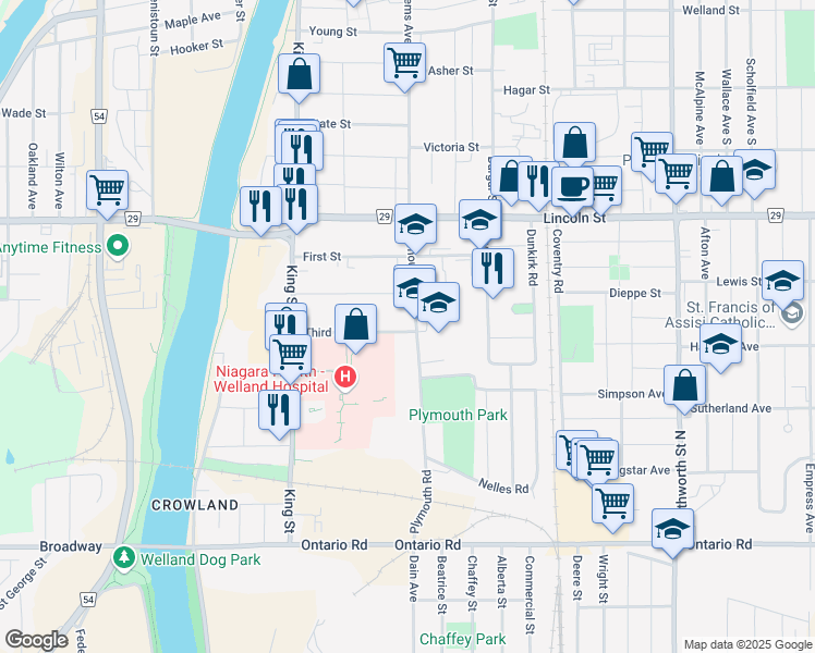 map of restaurants, bars, coffee shops, grocery stores, and more near 115 Plymouth Road in Welland