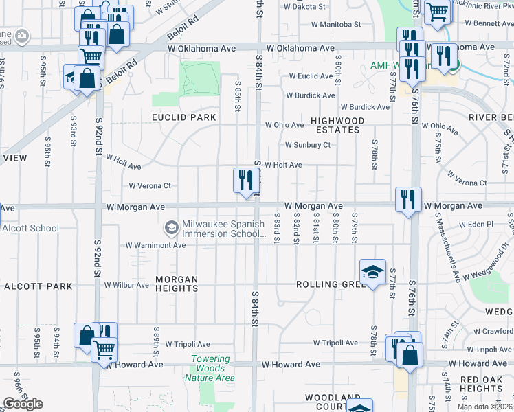 map of restaurants, bars, coffee shops, grocery stores, and more near W Morgan Ave & S 84th St in Milwaukee