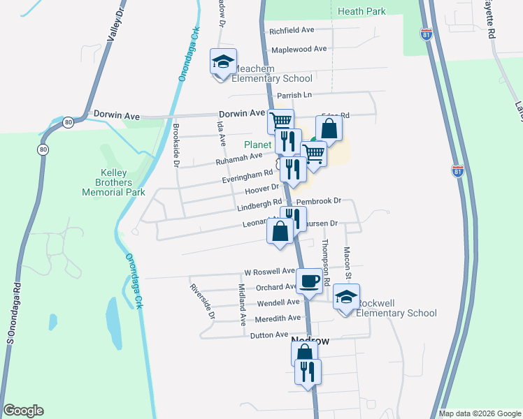 map of restaurants, bars, coffee shops, grocery stores, and more near 115 Lindbergh Road in Syracuse