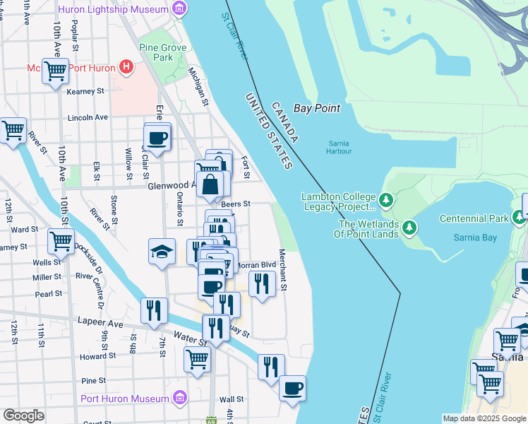 map of restaurants, bars, coffee shops, grocery stores, and more near 600 Fort Street in Port Huron