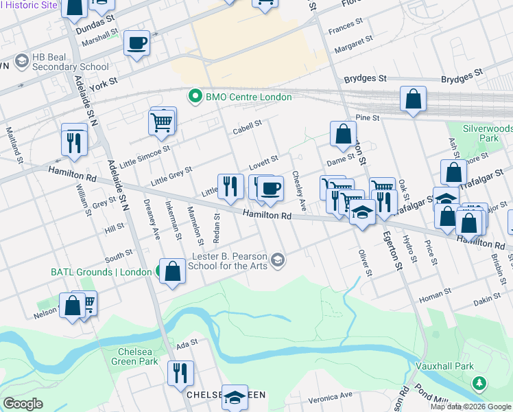map of restaurants, bars, coffee shops, grocery stores, and more near 96 Rectory Street in London