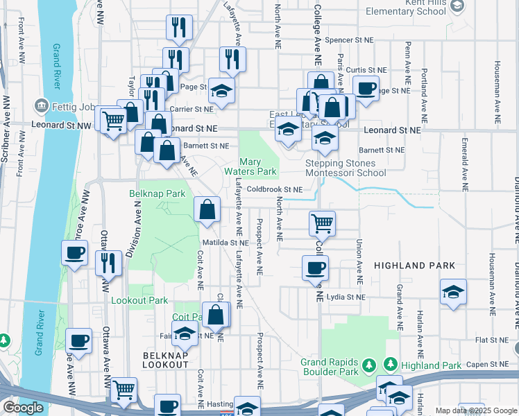 map of restaurants, bars, coffee shops, grocery stores, and more near 1141 Prospect Avenue Northeast in Grand Rapids