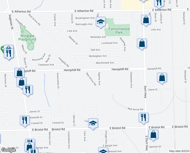 map of restaurants, bars, coffee shops, grocery stores, and more near 3290 Ogema Avenue in Burton