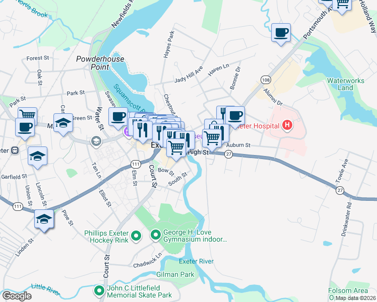 map of restaurants, bars, coffee shops, grocery stores, and more near 1934 High Street in Exeter