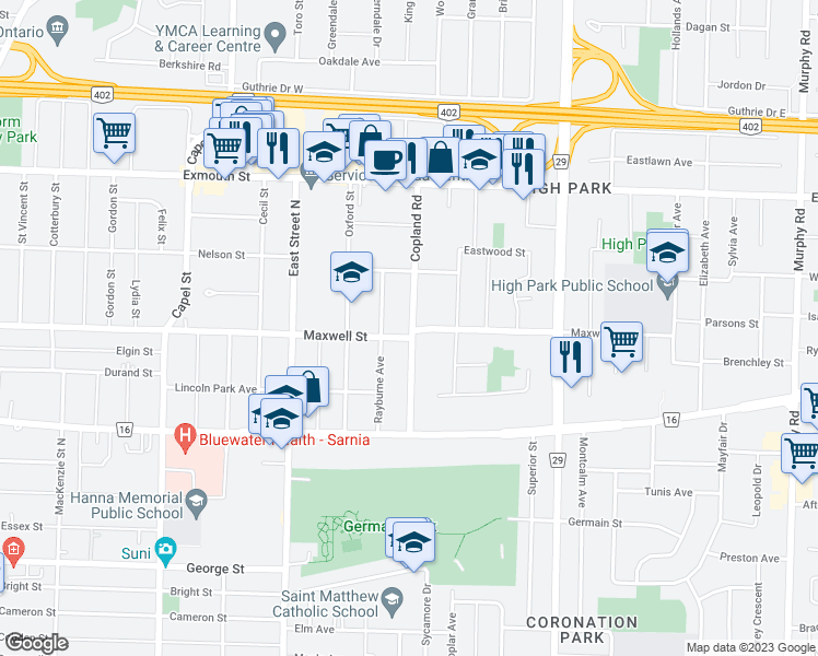 map of restaurants, bars, coffee shops, grocery stores, and more near 677 Copland Road in Sarnia