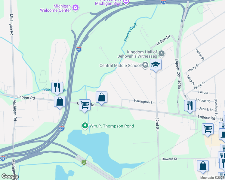 map of restaurants, bars, coffee shops, grocery stores, and more near 2595 Evergreen Lane in Port Huron