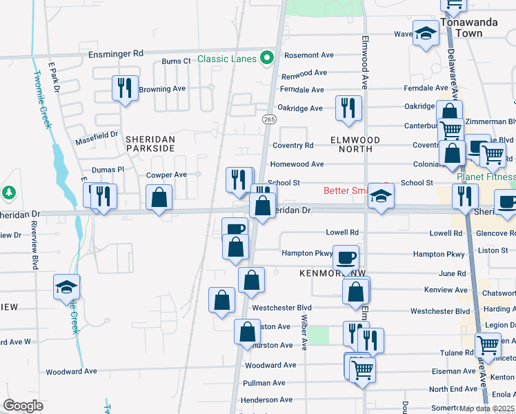 map of restaurants, bars, coffee shops, grocery stores, and more near Sheridan Drive & Military Road in Buffalo