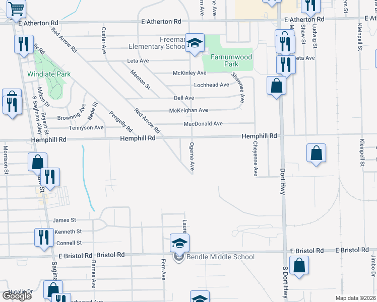 map of restaurants, bars, coffee shops, grocery stores, and more near 3290 Ogema Avenue in Burton