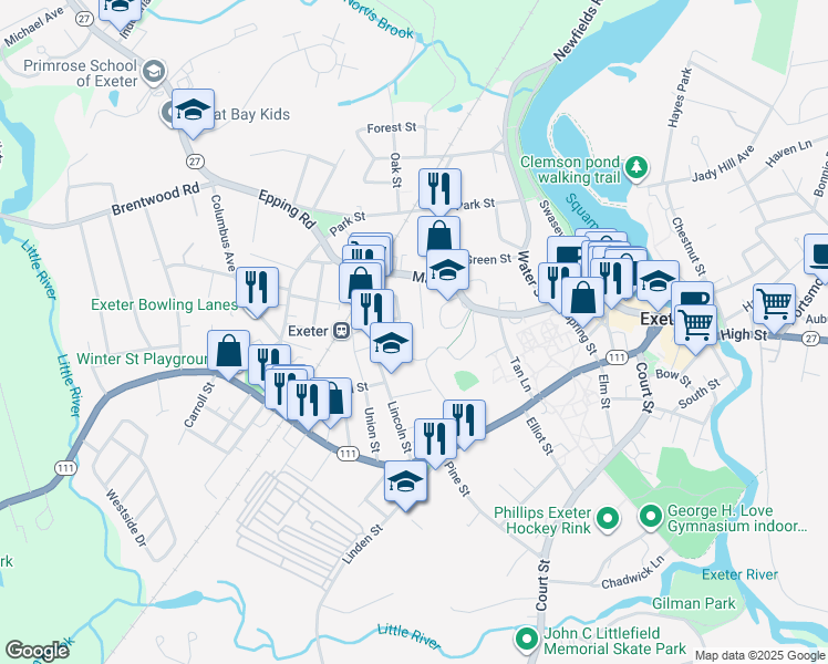 map of restaurants, bars, coffee shops, grocery stores, and more near 21 Ash Street in Exeter
