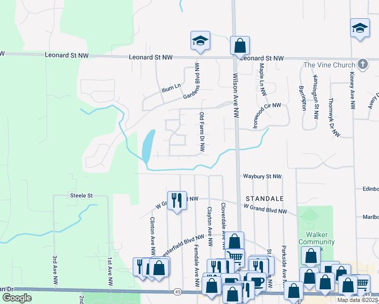 map of restaurants, bars, coffee shops, grocery stores, and more near 865 Old Farm Drive Northwest in Walker