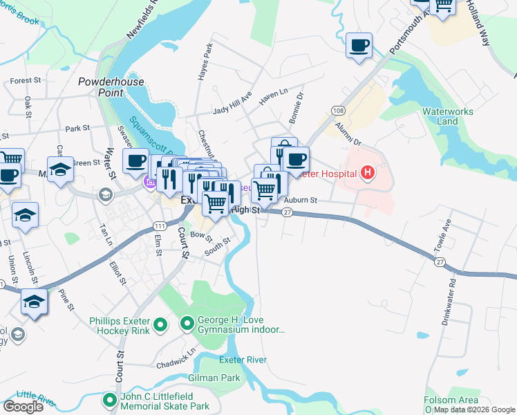map of restaurants, bars, coffee shops, grocery stores, and more near 35 High Street in Exeter