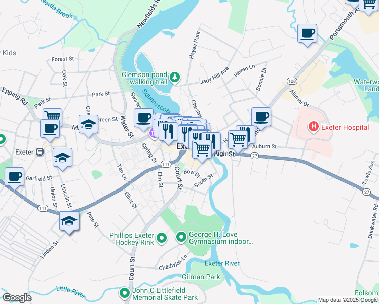 map of restaurants, bars, coffee shops, grocery stores, and more near in Exeter