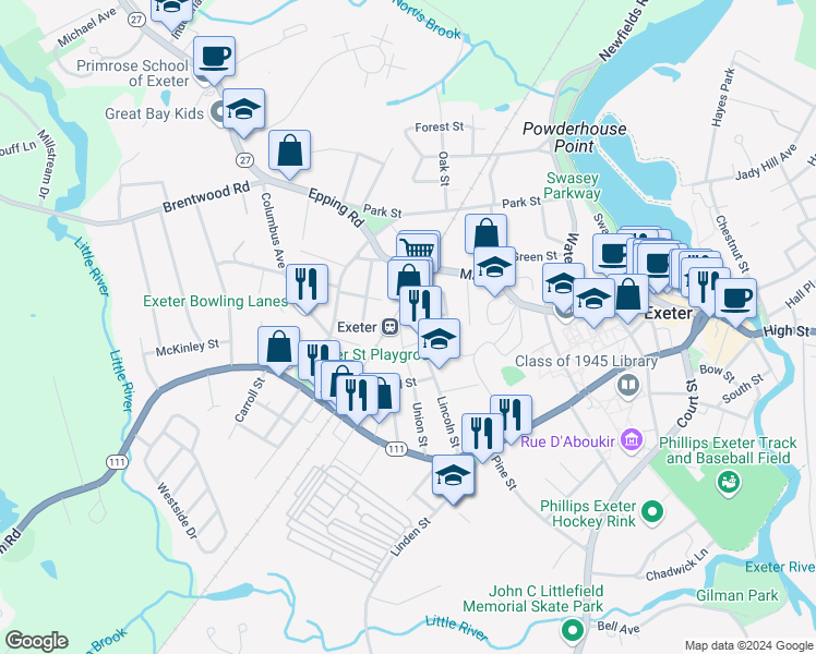 map of restaurants, bars, coffee shops, grocery stores, and more near 53 Lincoln Street in Exeter