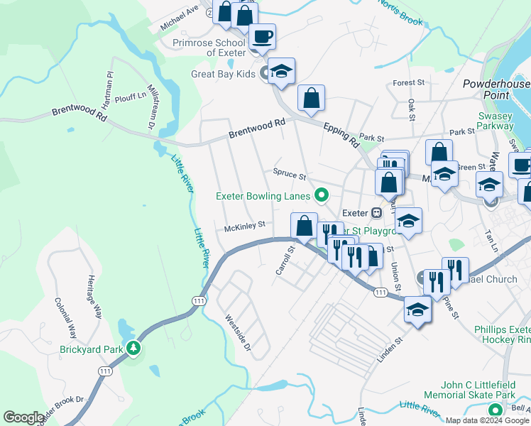 map of restaurants, bars, coffee shops, grocery stores, and more near 24 Washington Street in Exeter
