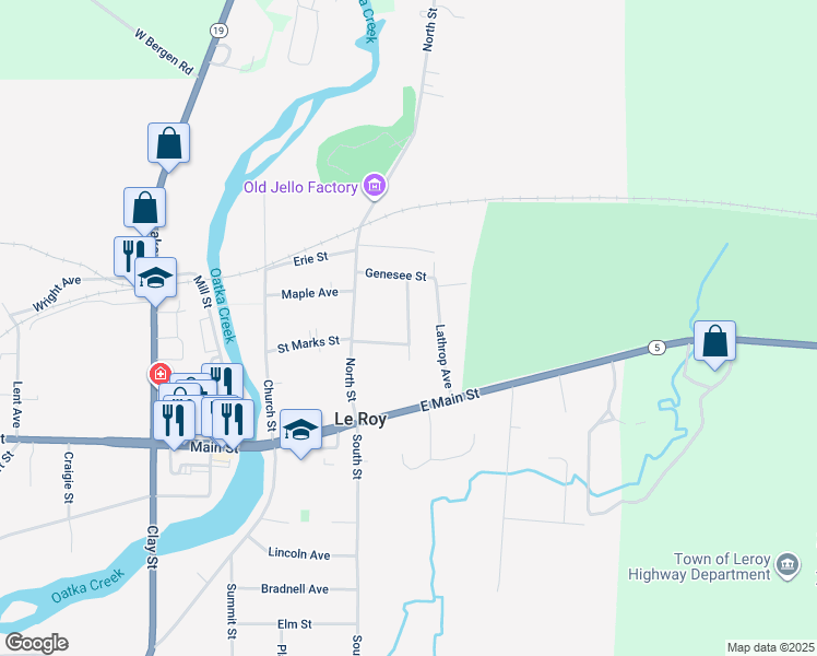 map of restaurants, bars, coffee shops, grocery stores, and more near 27 Lathrop Avenue in Le Roy