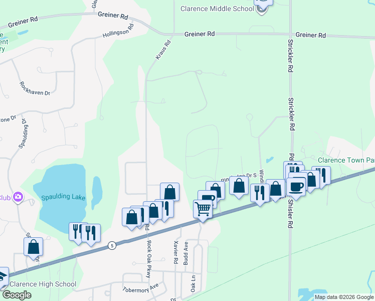 map of restaurants, bars, coffee shops, grocery stores, and more near in Clarence