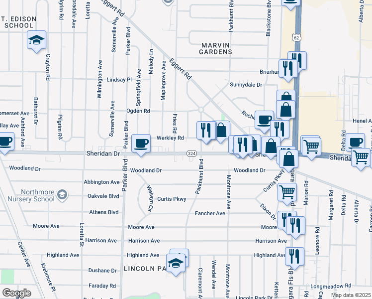 map of restaurants, bars, coffee shops, grocery stores, and more near 2732 Sheridan Drive in Tonawanda
