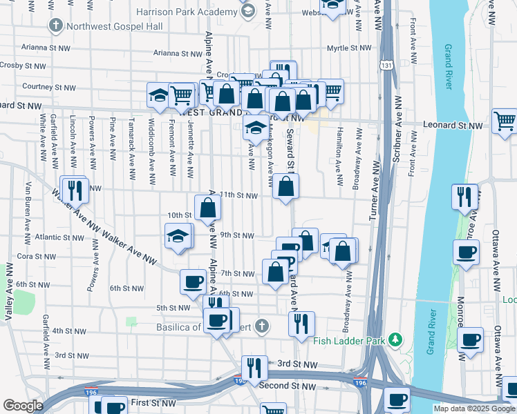 map of restaurants, bars, coffee shops, grocery stores, and more near 945 Muskegon Avenue Northwest in Grand Rapids