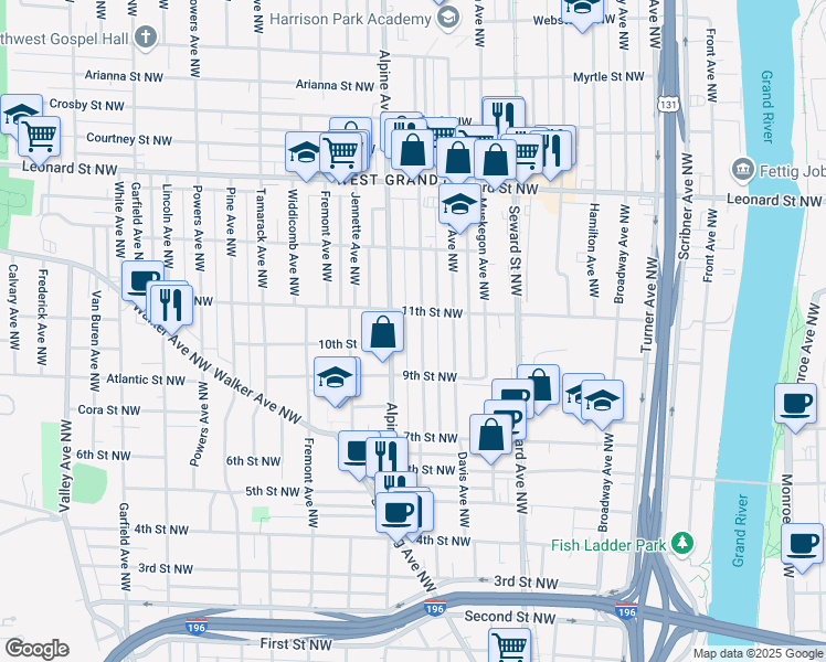 map of restaurants, bars, coffee shops, grocery stores, and more near 936 Alpine Avenue Northwest in Grand Rapids