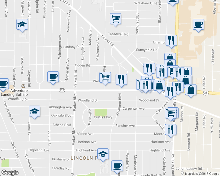 map of restaurants, bars, coffee shops, grocery stores, and more near 2732 Sheridan Drive in Tonawanda