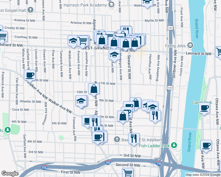 map of restaurants, bars, coffee shops, grocery stores, and more near 945 Davis Ave NW in Grand Rapids