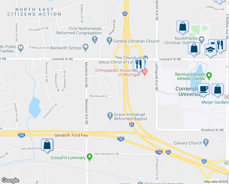 map of restaurants, bars, coffee shops, grocery stores, and more near 2562 Orchard View Dr NE in Grand Rapids