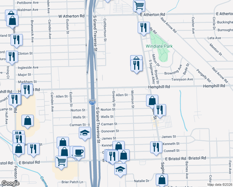 map of restaurants, bars, coffee shops, grocery stores, and more near 1377 Allen Street in Burton
