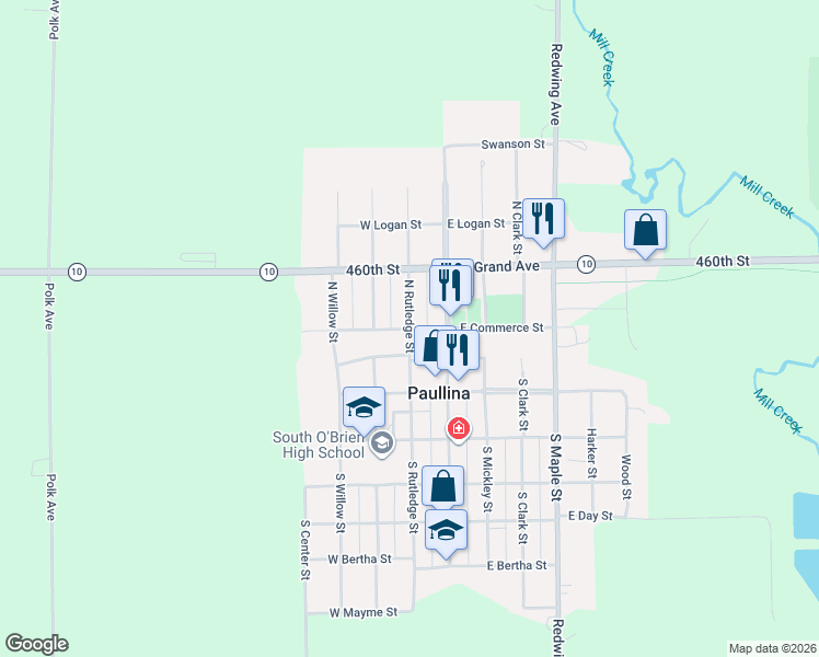 map of restaurants, bars, coffee shops, grocery stores, and more near 101 North Rutledge Street in Paullina