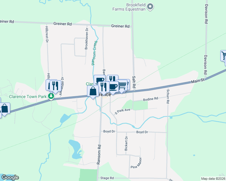 map of restaurants, bars, coffee shops, grocery stores, and more near 10678 Main Street in Clarence