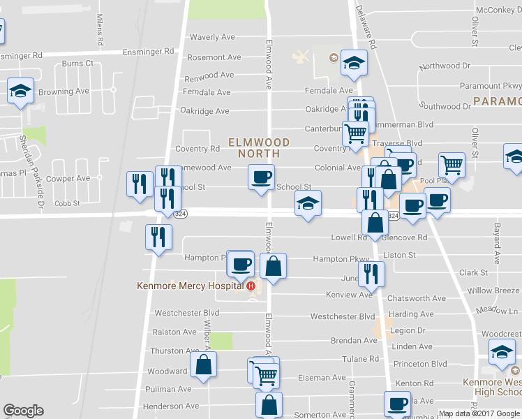 map of restaurants, bars, coffee shops, grocery stores, and more near 1488 Sheridan Drive in Erie County