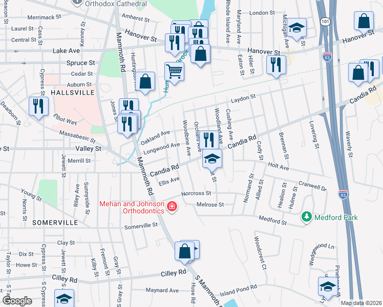 map of restaurants, bars, coffee shops, grocery stores, and more near 202 Candia Road in Manchester