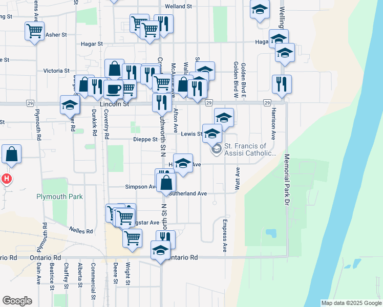 map of restaurants, bars, coffee shops, grocery stores, and more near 69 Balmoral Avenue in Welland