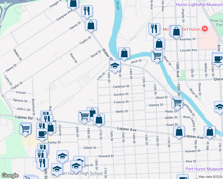 map of restaurants, bars, coffee shops, grocery stores, and more near 208 16th Street in Port Huron