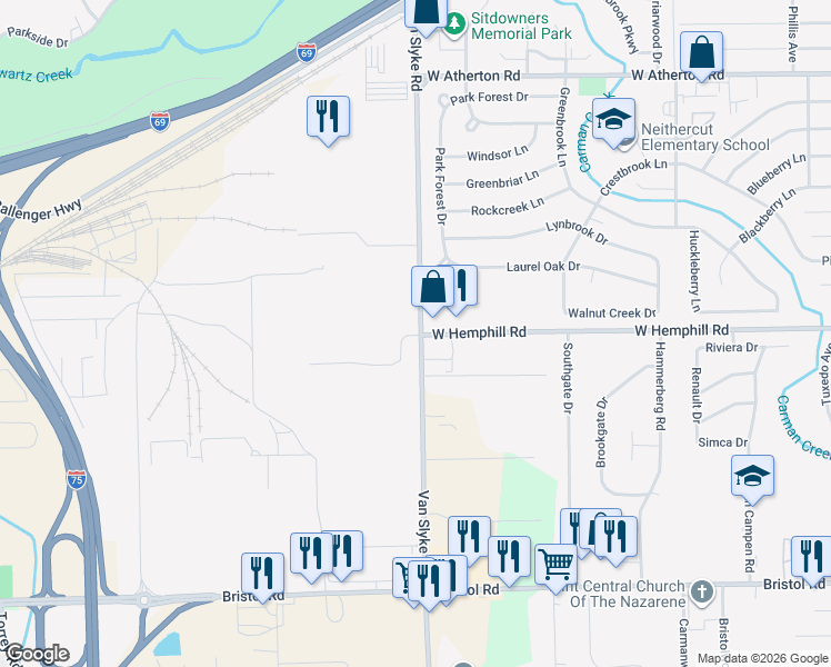map of restaurants, bars, coffee shops, grocery stores, and more near 3848 Van Slyke Road in Flint