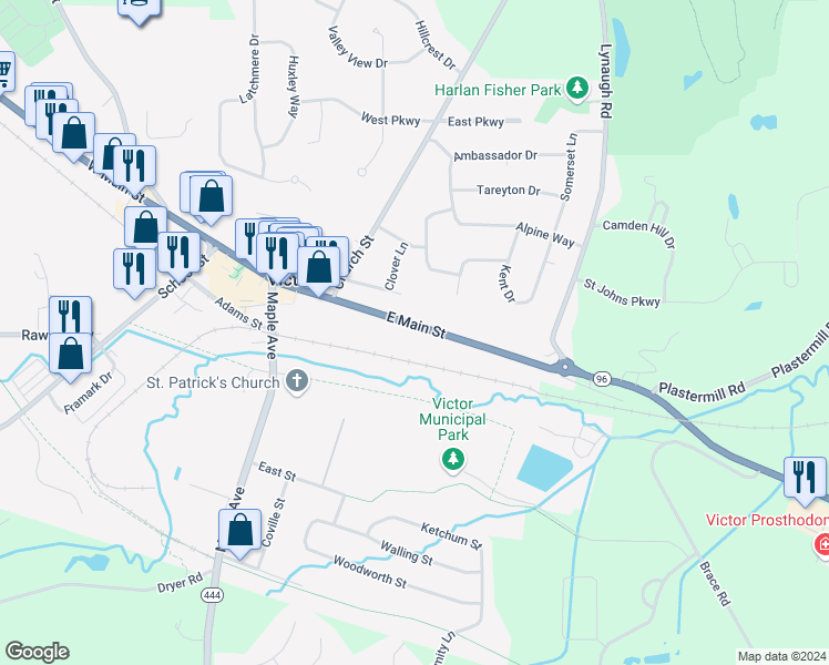 map of restaurants, bars, coffee shops, grocery stores, and more near 188 East Main Street in Victor