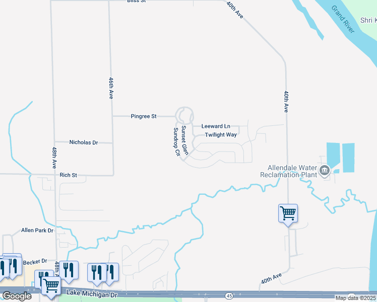 map of restaurants, bars, coffee shops, grocery stores, and more near 11676 Sunset Glen in Allendale Charter Township