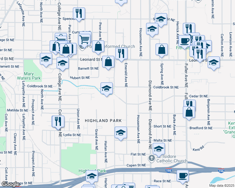 map of restaurants, bars, coffee shops, grocery stores, and more near 807 Carrier Creek Boulevard Northeast in Grand Rapids