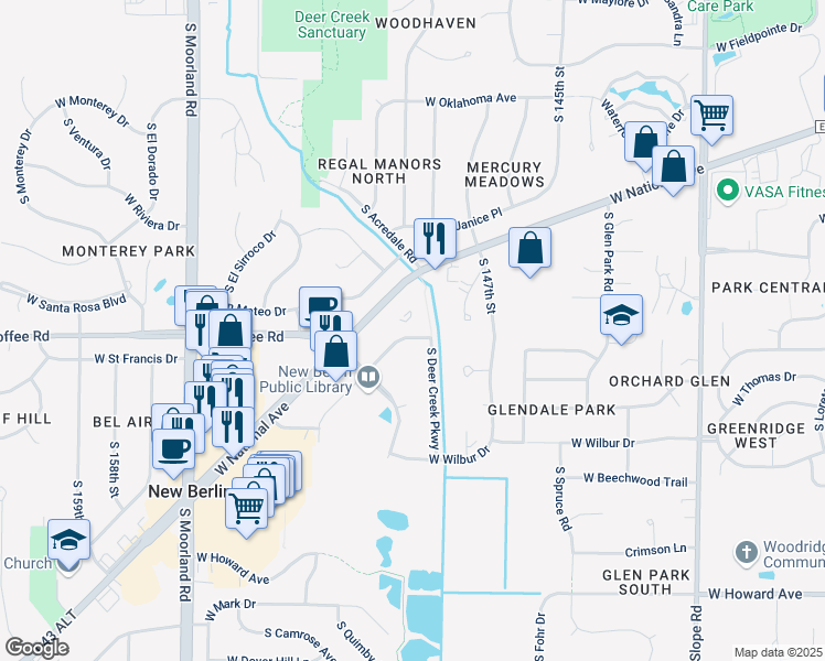 map of restaurants, bars, coffee shops, grocery stores, and more near 14900 West Library Lane in New Berlin