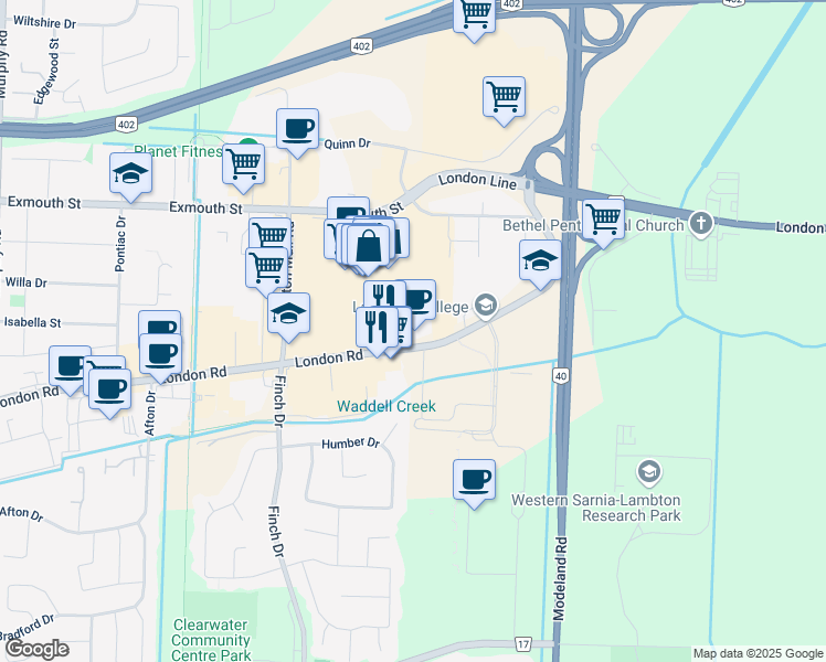 map of restaurants, bars, coffee shops, grocery stores, and more near 1426 London Road in Sarnia