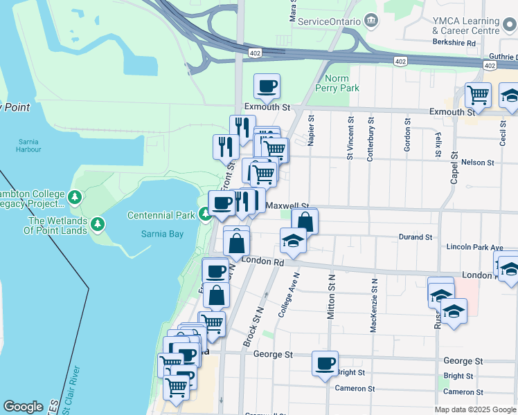 map of restaurants, bars, coffee shops, grocery stores, and more near 442 Christina Street North in Sarnia